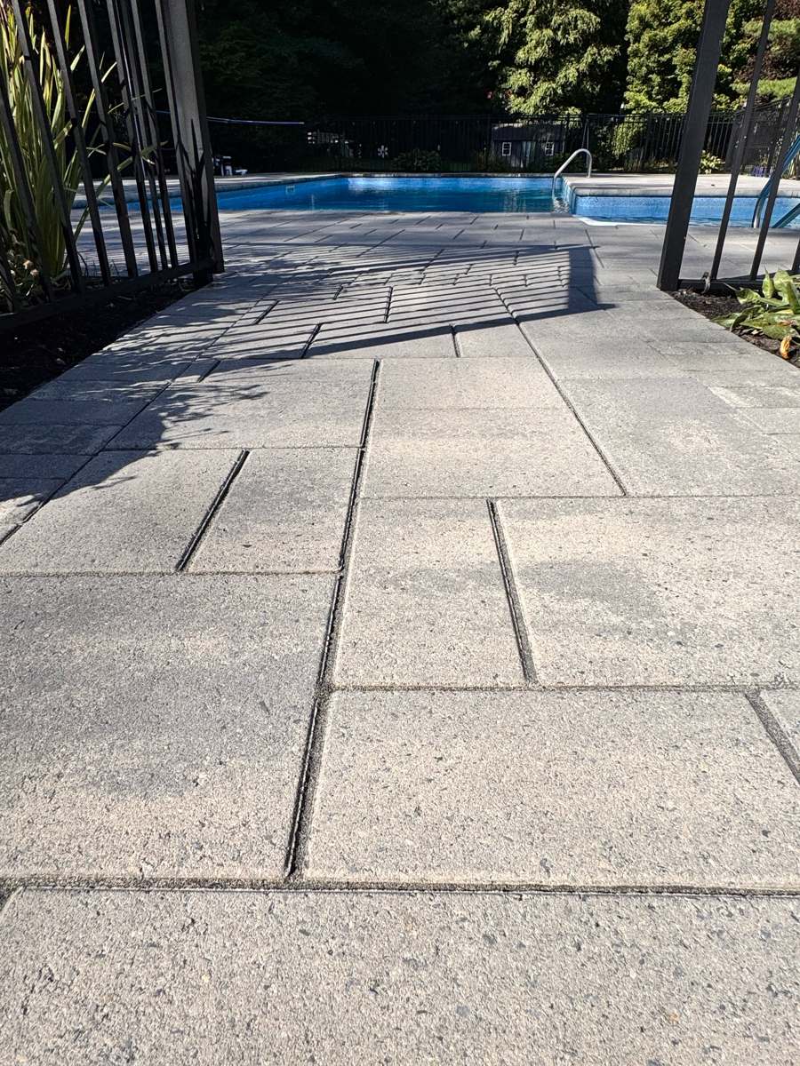Sealed paver path leading to a backyard pool